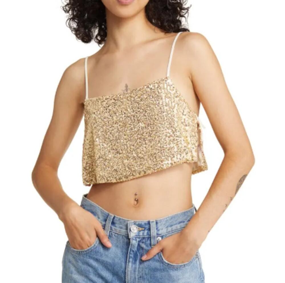 NEW TOPSHOP Women's Champagne Sequin Crop Cami Top Size 2